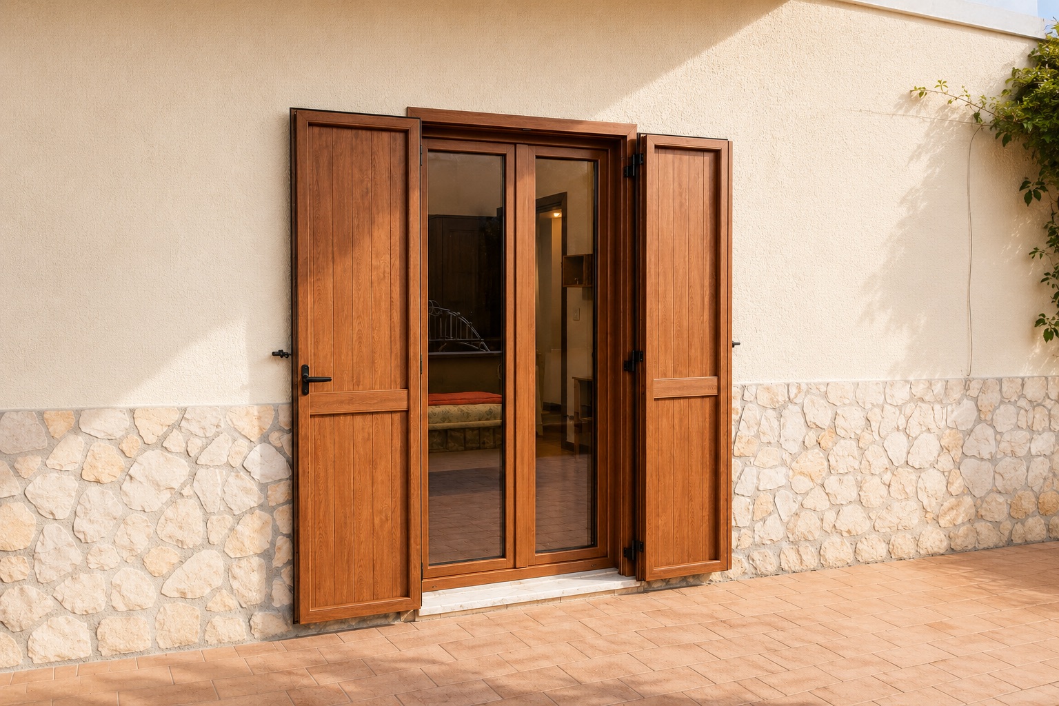 Portafinestra in alluminio effetto legno con scuri