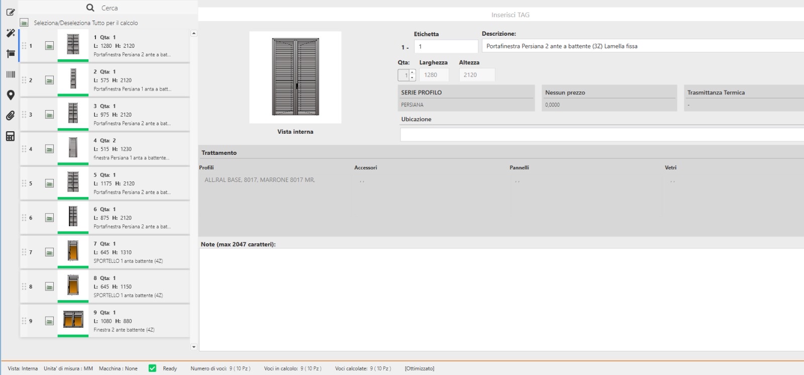 Software di progettazione — distinta della commessa con misure, serie profilo e finiture
